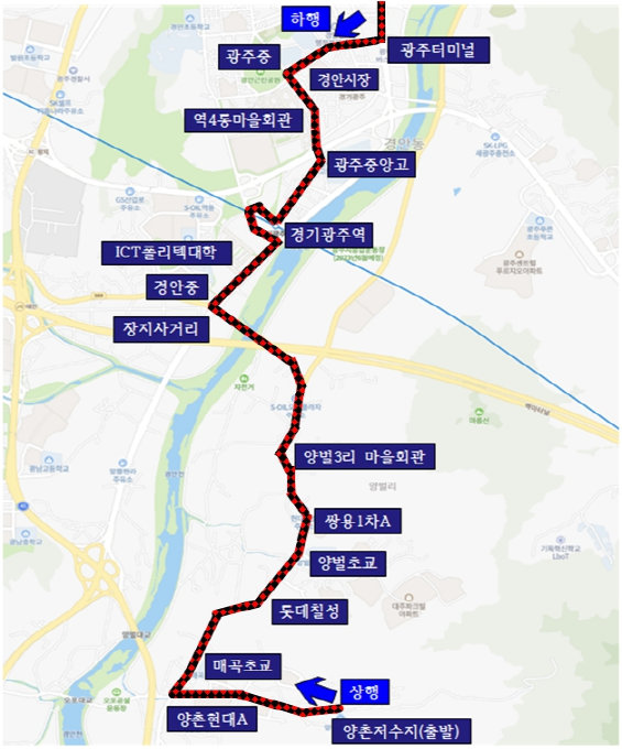 광주1 노선 대략적 지도: 
								상행: 양촌저수지(출발)-양촌현대A-매곡초교-롯데칠성-양벌초교-쌍용1차아파트-양벌3리마을회관-장지사거리-경안중-ITC폴리텍대학-경기광주역-광주중앙고-역4동마을회관-경안시장-광주중-광주터미널
								하행 : 광주터미널- 광주중-경안시장-역4동마을회관-광주중앙고-경기광주역-ITC폴리텍대학-경안중-장지사거리-양벌3리마을회관-쌍용1차아파트-양벌초교-롯데칠성-매곡초교-양촌현대A-양촌저수지