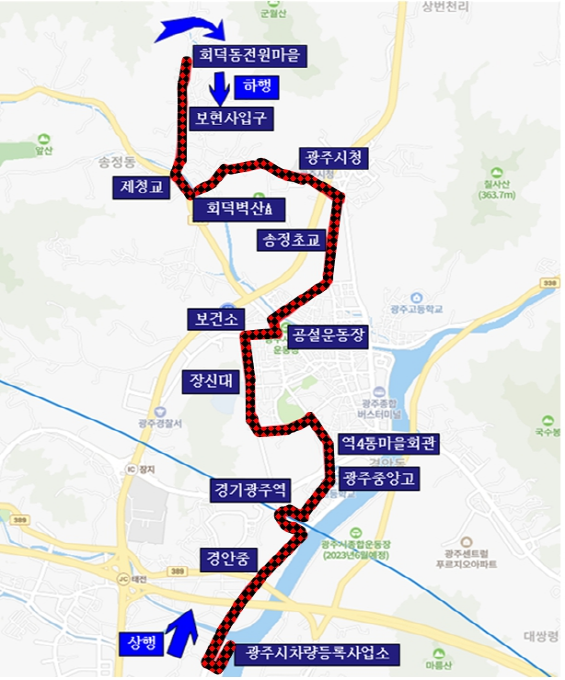 광주2 노선 대략적 지도: 
								상행: 광주시차량등록사업소-경안중-경기광주역-광주중앙고-역4동마을회관-장신대-공설운동장-보건소-송정초교-광주시청-회덕벽산A-제청교-보현사입구-회덕동전원마을
								하행: 회덕동전원마을-보현사입구-제청교-회덕벽산A-광주시청-송정초교-보건소-공설운동장-장신대-역4동마을회관-광주중앙고-경기광주역-경안중-광주시차량등록사업소
								