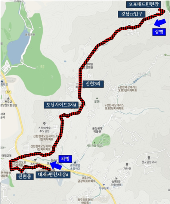 광주8 노선 대략적인 지도, 
상행 : 오포배드민턴장-강남CC-신현3리-모닝사이드2차아파트-신현중-태재이편한세상아파트
하행 : 태재이편한세상아파트-신현중-모닝사이드2차아파트-신현3리-강남CC-오포배드민턴장