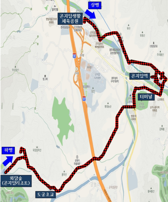 광주9 노선 대략적인 지도, 
상행 : 곤지암생활체육공원-곤지암역-터미널-도궁초교-화담숲(곤지암리조트)
하행 : 화담숲(곤지암리조트)-도궁초교-터미널-곤지암역-곤지암생활체육공원