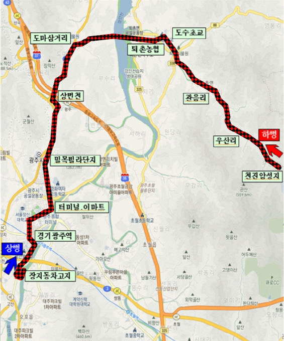 광주12 노선 대략적인 지도, 
상행 : 장지동차고지-경기광주역-터미널.이마트-밀목빌라단지-상번천-도마삼거리-퇴촌농협-도수초교-관음리-우산리-천진암성지
하행 : 천진암성지우산리-관음리-도수초교-퇴촌농협-도마삼거리-상번천-밀목빌라단지-터미널.이마트-경기광주역-장지동차고지