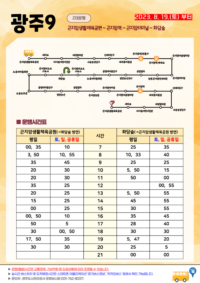 광주9 노선상세 : 2대운행 2023. 8. 19(토) 부터
곤지암생활체육공원~곤지암역~곤지암터미널~화담숲

노선경로 : 곤지암생활체육공원-새터교-아이솔어린이집앞-대성빌라앞-사슴농장입구-신대리입구-대석동마을앞-곤지암역2번출구-곤지암역.에게교-곤지향어울림마당-곤지암터미널-농협.곤지암연세의원-삼일빌라-평장농산건너-궁평리마을입구-도옹리마을회관-곤지암리조트기숙사-화담숲

(버스회차) 화담숲-곤지암리조트기숙사-도옹리마을회관-도궁초후문-궁평리마을입구-평장농산-삼일빌라-곤지암농협-곤지암터미널-곤지향어울림마당-곤지암역-대석동마을앞-신대리입구-사슴농장입구-대성빌라앞-아이솔어린이집앞-새터교-곤지암생활체육공원

운행시간표:
곤지암생활체육공원->화담숲 방면
평일
7시 00, 35분
8시 3, 50분
9시 35분
10시 20분
11시 20분
12시 35분
13시 20분
14시 15분
15시 00분
16시 00, 50분
17시 50분
18시 30분
19시 17, 50분
20시 30분

곤지암생활체육공원->화담숲 방면
토/일/공휴일 
7시 10분
8시 10, 55분
9시 45분
10시 30분
11시 30분
12시 25분
13시 25분
14시 25분
15시 25분
16시 10분
17시 5분
18시 00, 50분
19시 35분
20시 30분

화담숲->곤지암생활체육공원방면
평일
7시 25분
8시 10, 33분
9시 25분
10시 5, 50분
11시 50분
12시 없음
13시 5, 50분
14시 45분
15시 30분
16시 35분
17시 28분
18시 30분
19시 5, 47분
20시 25분
21시 00분

화담숲->곤지암생활체육공원방면
토/일/공휴일 
7시 35분
8시 40분
9시 25분
10시 15분
11시 00분
12시 00, 55분
13시 55분
14시 55분
15시 55분
16시 45분
17시 40분
18시 30분
19시 20분
20시 5분
21시 00분

▶운행(출발)시간은 교통정체, 기상악화 등 도로상황에 따라 조정될 수 있습니다.
▶ 실시간 버스위치 및 도착예정시간은 스마트폰 어플리케이션 '경기버스정보', '카카오버스' 등에서 확인 가능합니다.
▶ 문의처 : 광주도시관리공사 공영버스팀(031-762-8037)