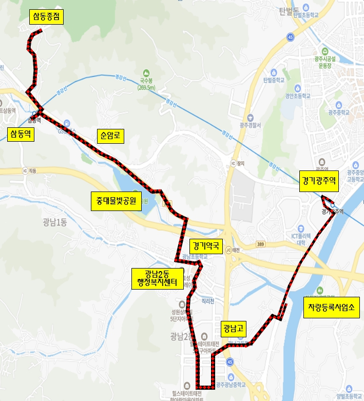 광주7 노선 대략적인 지도, 
경기광주역-차량등록사업소-광남고-광남2동행정복지센터-경기약국-중대물빛공원-순암로-삼동역-삼동종점